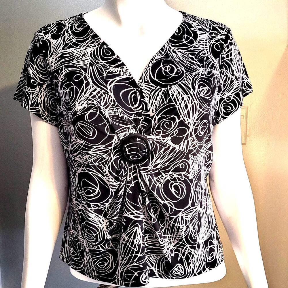 Laura Ashley Petite Abstract Swirl Top Black White O Ring Stretch Blouse PL